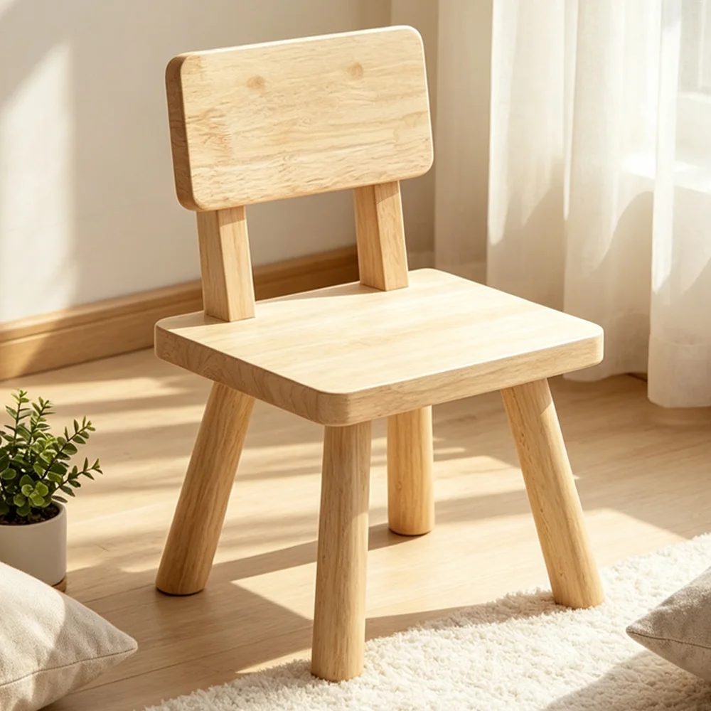 Natural Solid Color Wood Chair with Backrest Natural Wooden Durable Finish Safe Rounded Edges Stool for Entryway Bedroom Study