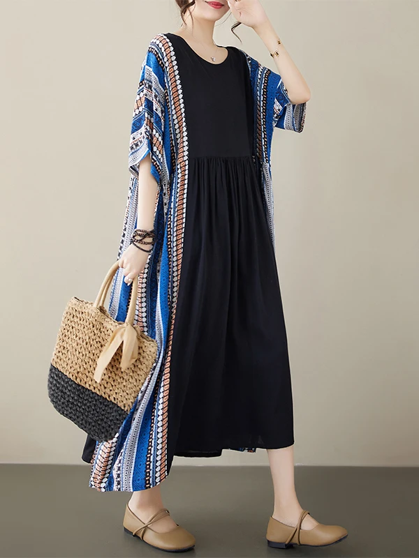 فستان ماكسي بأكمام قصيرة وياقة مستديرة بنمط مخطط عتيق للنساء في منتصف العمر وكبار السن، تصميم فني جديد بطابع قديم لفصل الصيف