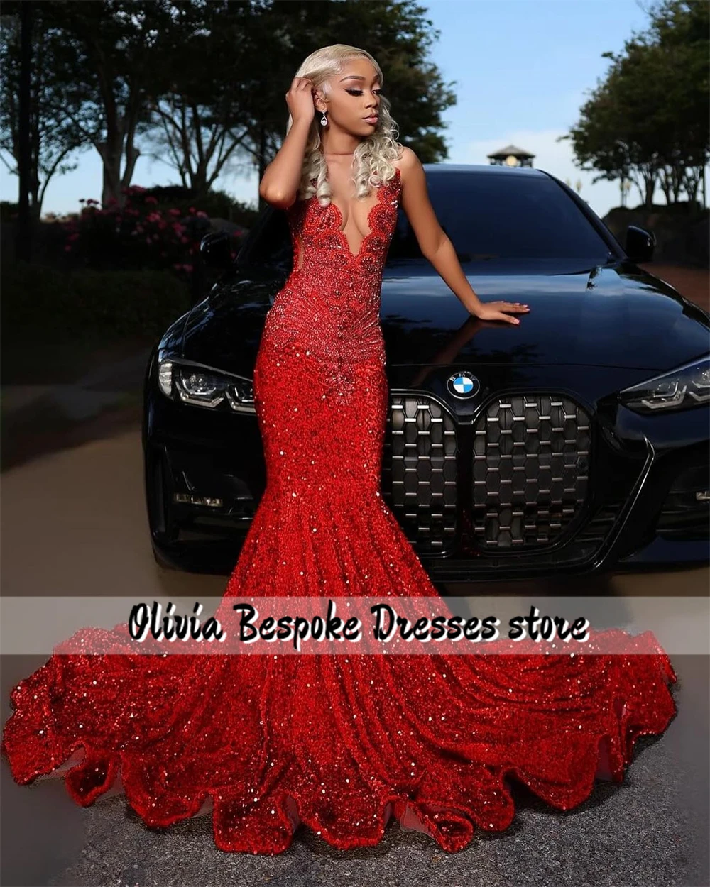 Robe de Bal à Paillettes Rouges et Strass Perlés, Sirène, ixde Léon, Quelle que soit la Noire, pour Fille, Cocktail de Nouvel An, Personnalisée