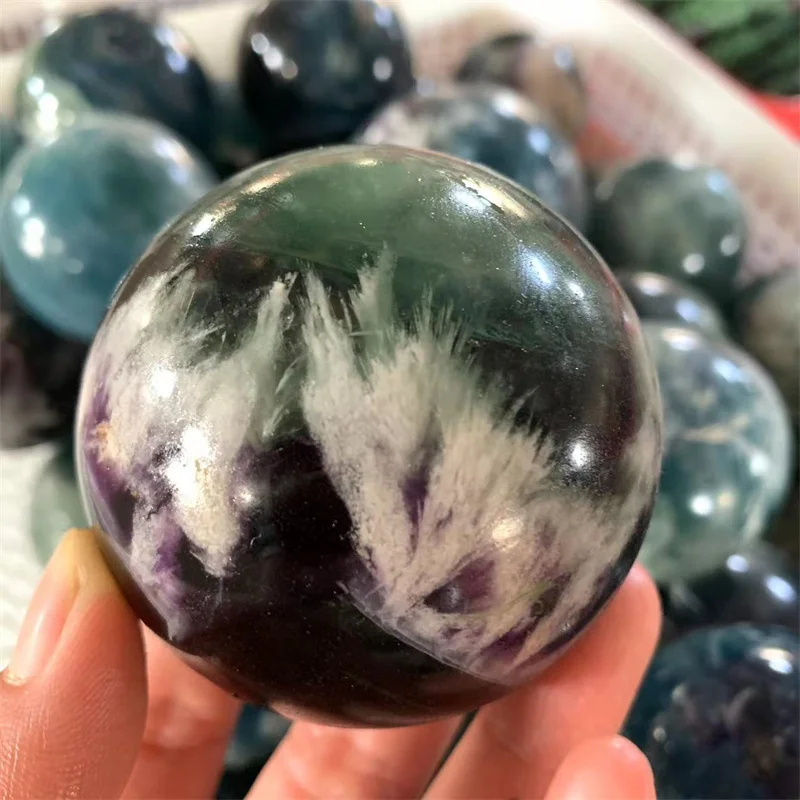 Natural Gemstone Crystal Ball, Fluorite Sphere, Healing Stone, Feather Ball, for Sale