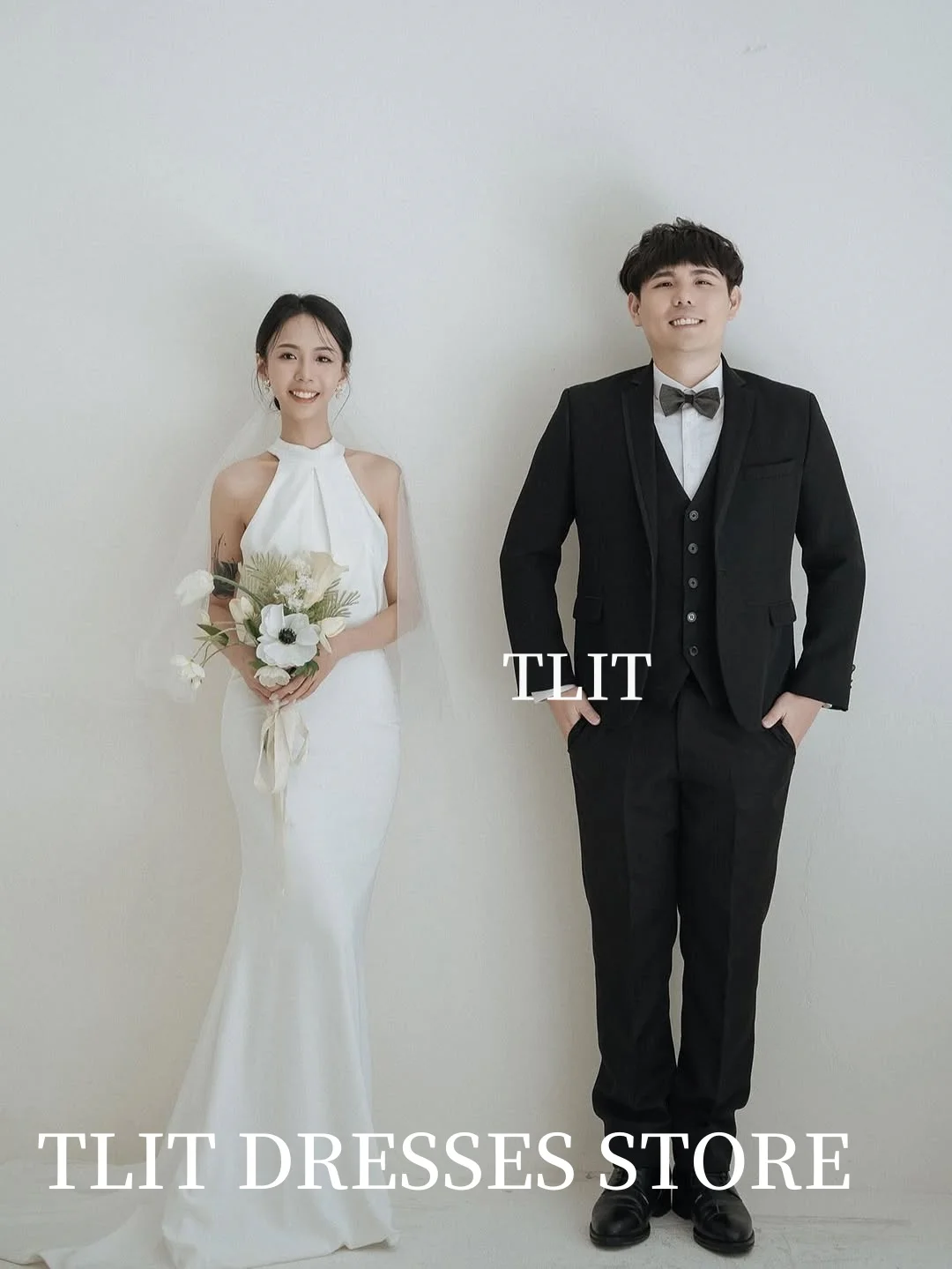 TLIT Elegant White Elastic Satin Evening Dresses Customized Halter Draped Mermaid Prom Gowns Korea Wedding Dress Photo shoot