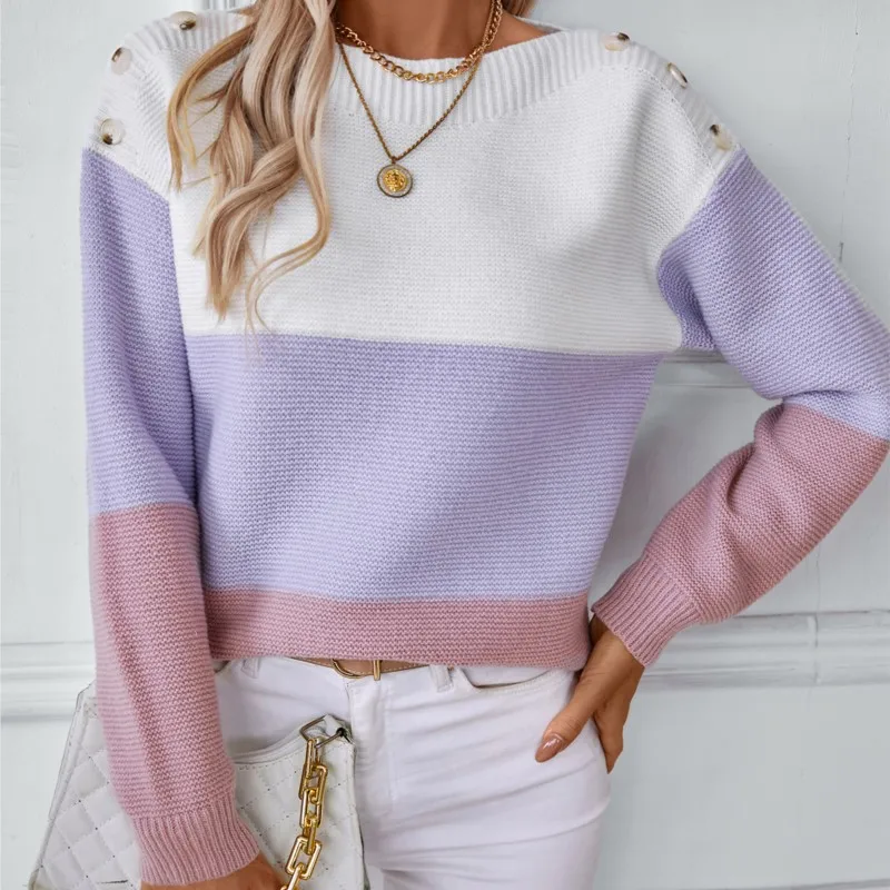 

Womens Loose Sweater Casual Comfortable Contrasting Color Fashionable Pullover Button Long-sleeved Onelength Knitted Base Shirt