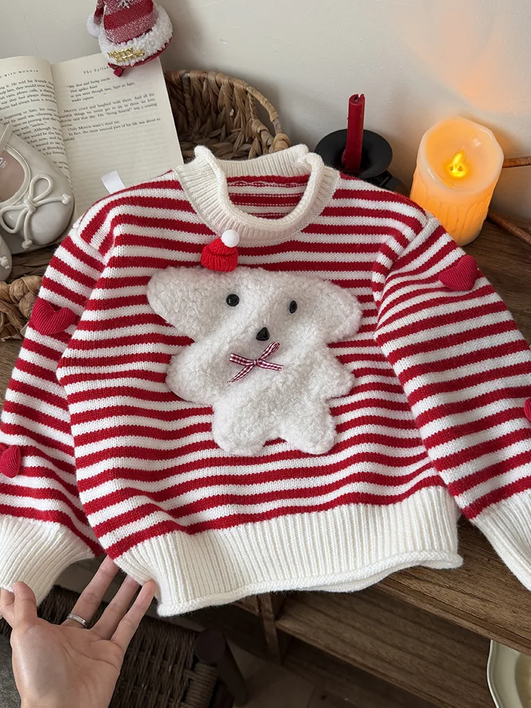 

Thiened Stripe Knitted Sweater Inner Wear Top for Girls Baby Cute Sle Winter Faion Children's Clothing Straight Tube pe