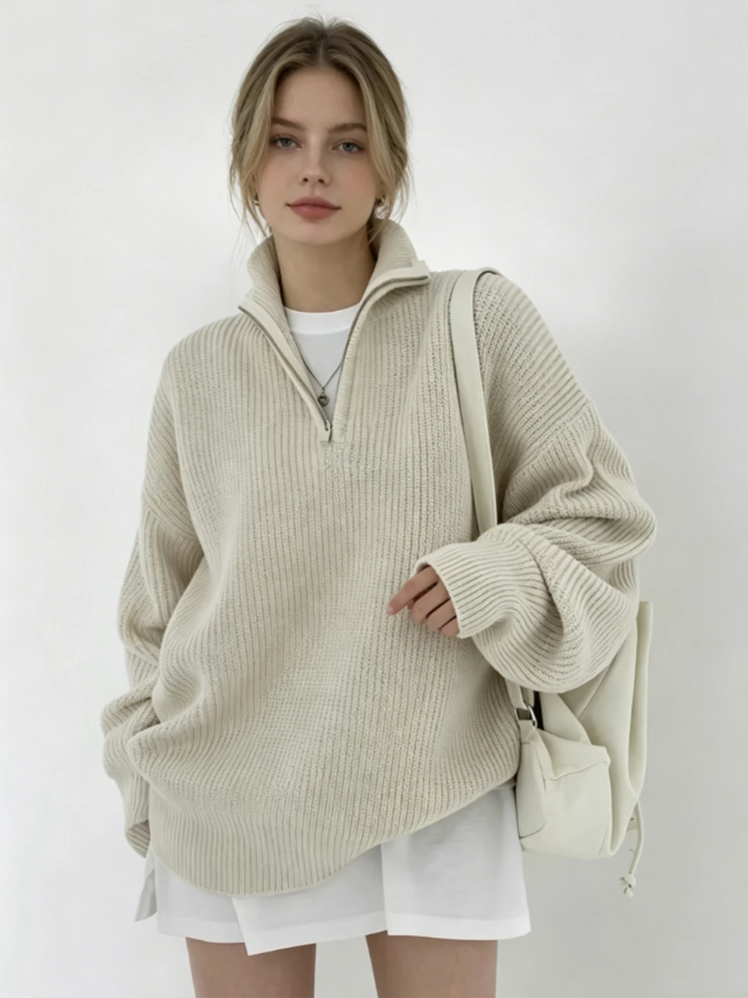 Women Apricot Pullover Sweater Long Sleeve Sweater Korean Loose Thick Zip-Up Oversize Sweater Knit Top for Women Spring Autumn