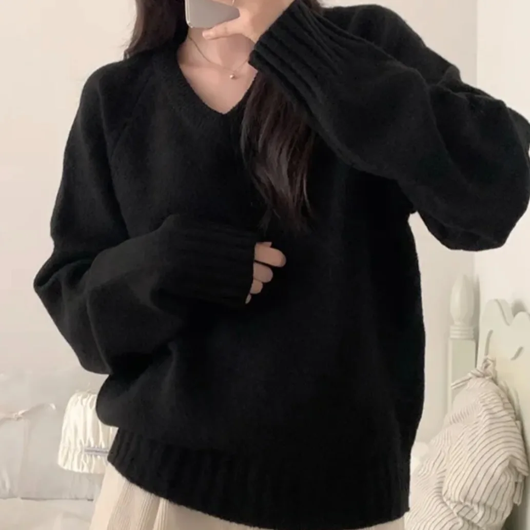 

Шикарный осенне-зимний свободный вязаный свитер с v-образным вырезом, универсальный ленивый слэ, ретро-дизайн, повседневный удобный женский топ из полиэфирного волокна