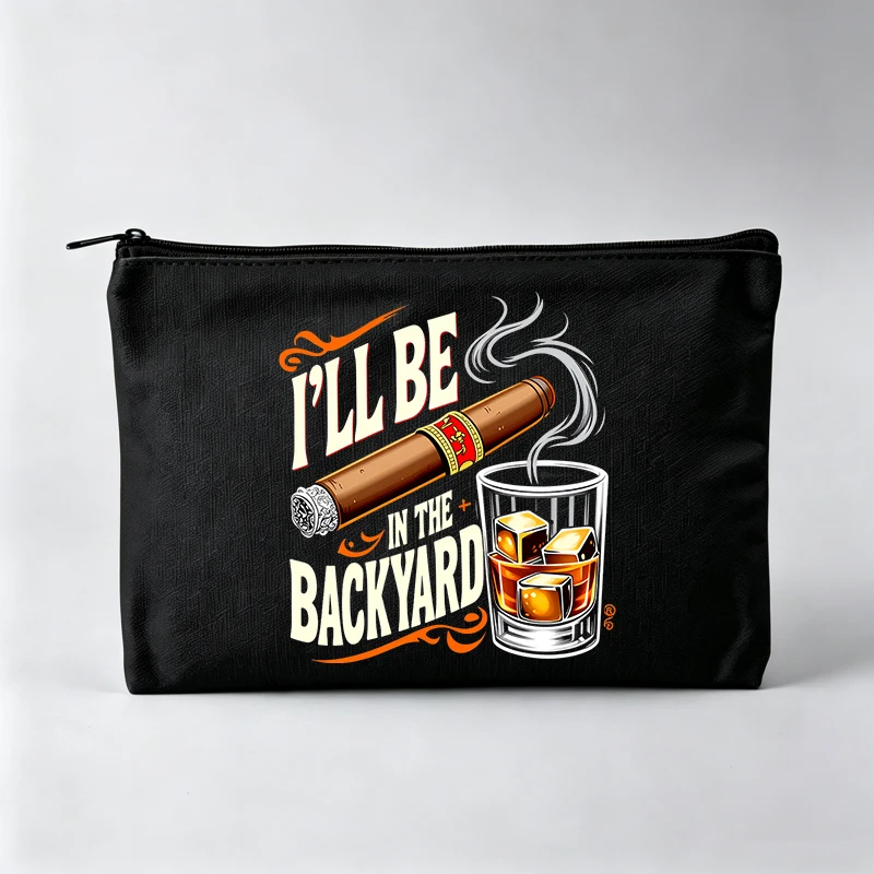 Women's Slogan Style Makeup Bag with Cigar and Whiskey Glass Print, Zipper Cosmetic Pouch for Casual Use