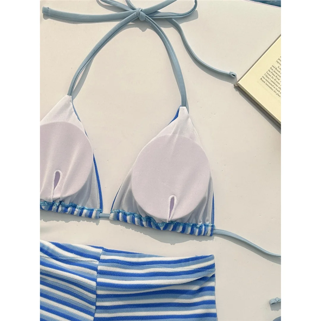 Neuer gestreifter Neckholder-Bikini mit hoher Taille, Damen-Badeanzug, zweiteiliges Bikini-Set mit Shorts, Badebekleidung, Badeanzug, Schwimmanzug V7825 – Detail 28