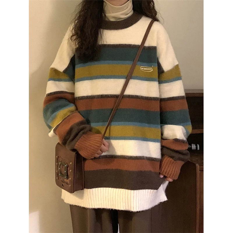 Harajuku Striped Sweater Women Oversized Knitted Pullovers Japanese Vintage Patchwork Jumpers Winter Preppy Korean Knitwear New