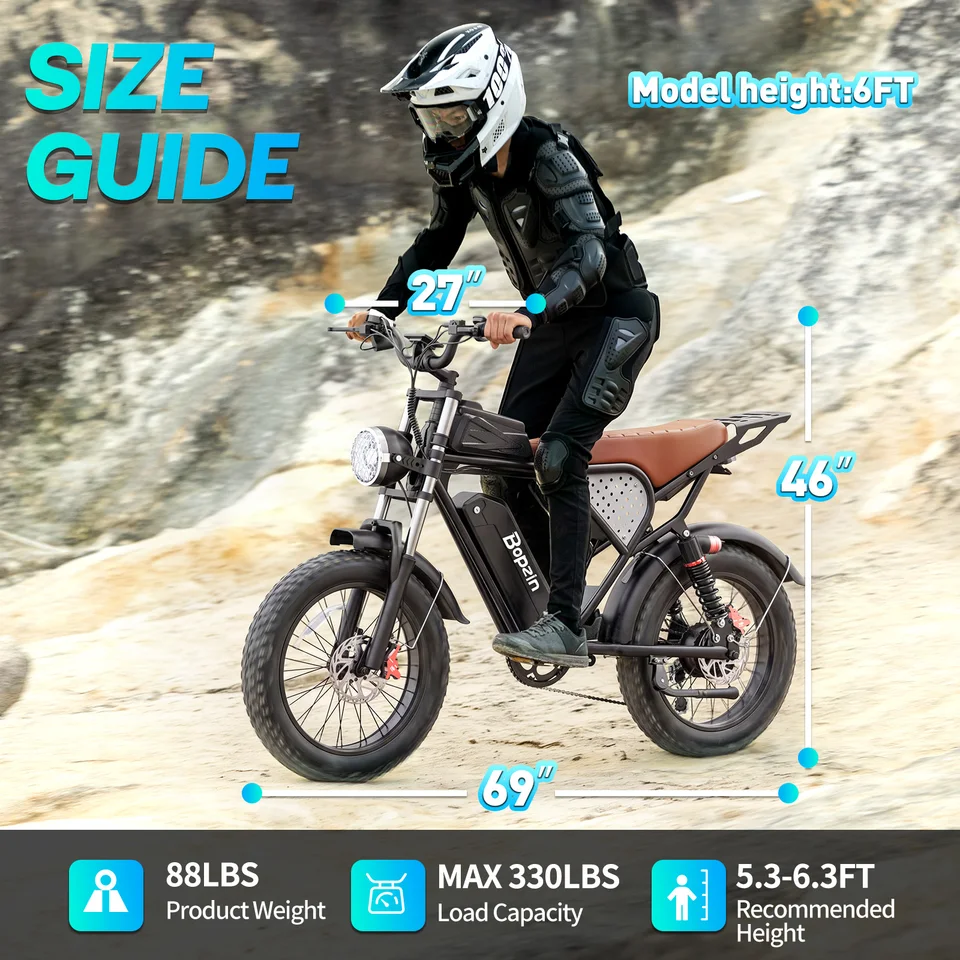 Bopzin C22-Z-25 Electric Bike 1500W 48V 25Ah Fat Tire Ebike for Adults 35MPH Full Suspension Off-Road 20" Dirt Motorcycle E-Bike image 8