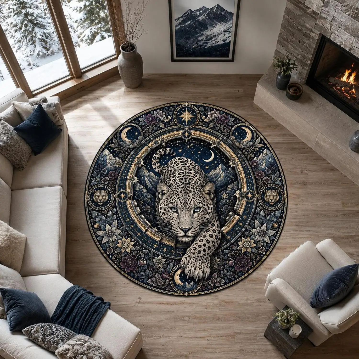 【Room Decor Carpet】Snow Leopard Round Carpet, Starry Mountains Pattern Carpet, Moon Phase Round Carpet, Wildlife Home Decor, Maximalism Round Carpet