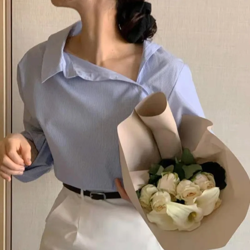 

Spring New Arrival Slim Fit Striped Long Sve irt Women's Base Layer irt Turn-down Collar Side Button Design Thin T-irt