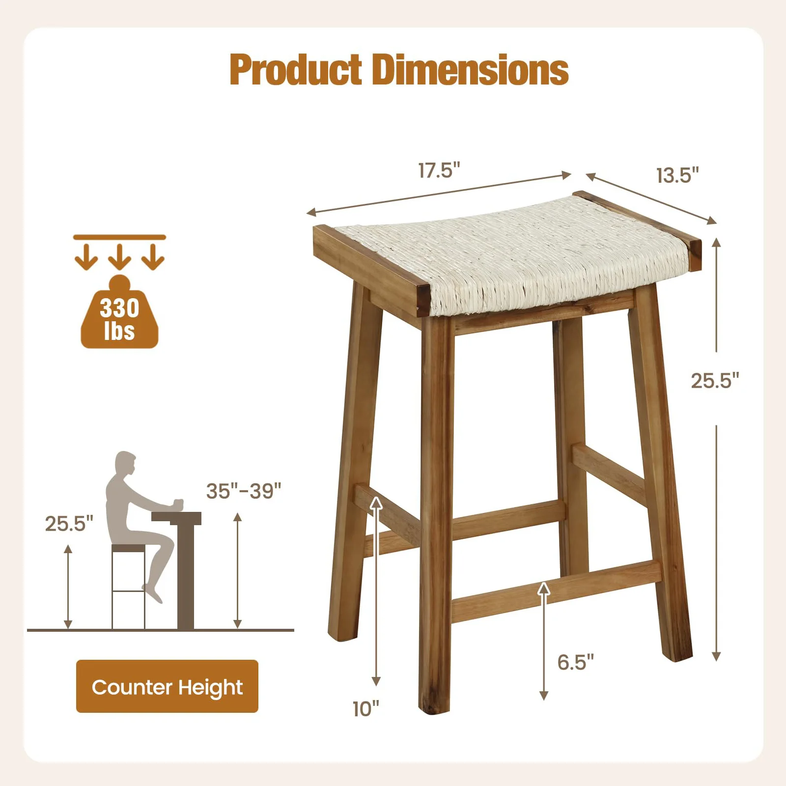 Natural Rubber Wood Saddle Bar Stools Counter Height Backless Chairs with Woven Seaweed Seat, Acacia Wood Frame, 2Pcs, Footrests