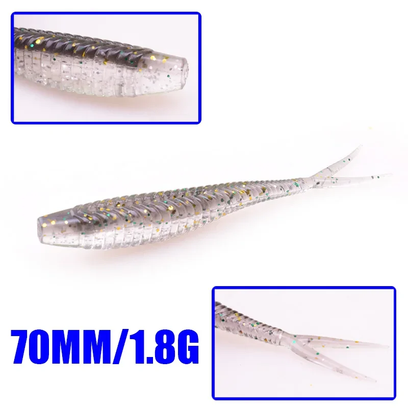 5 sztuk 70mm 1.8g Jig Wobblers przynęty łatwe Shiner podwójne kolor silikon sztuczna przynęta karpia Bass widelec ogon Swimbaits