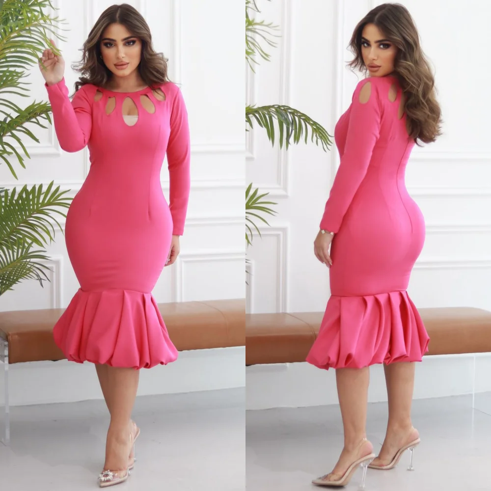 

Exquisite High Quality Sparkle Jersey Pleat Beach Trumpet O-Neck Bespoke Occasion Gown Midi Dresses