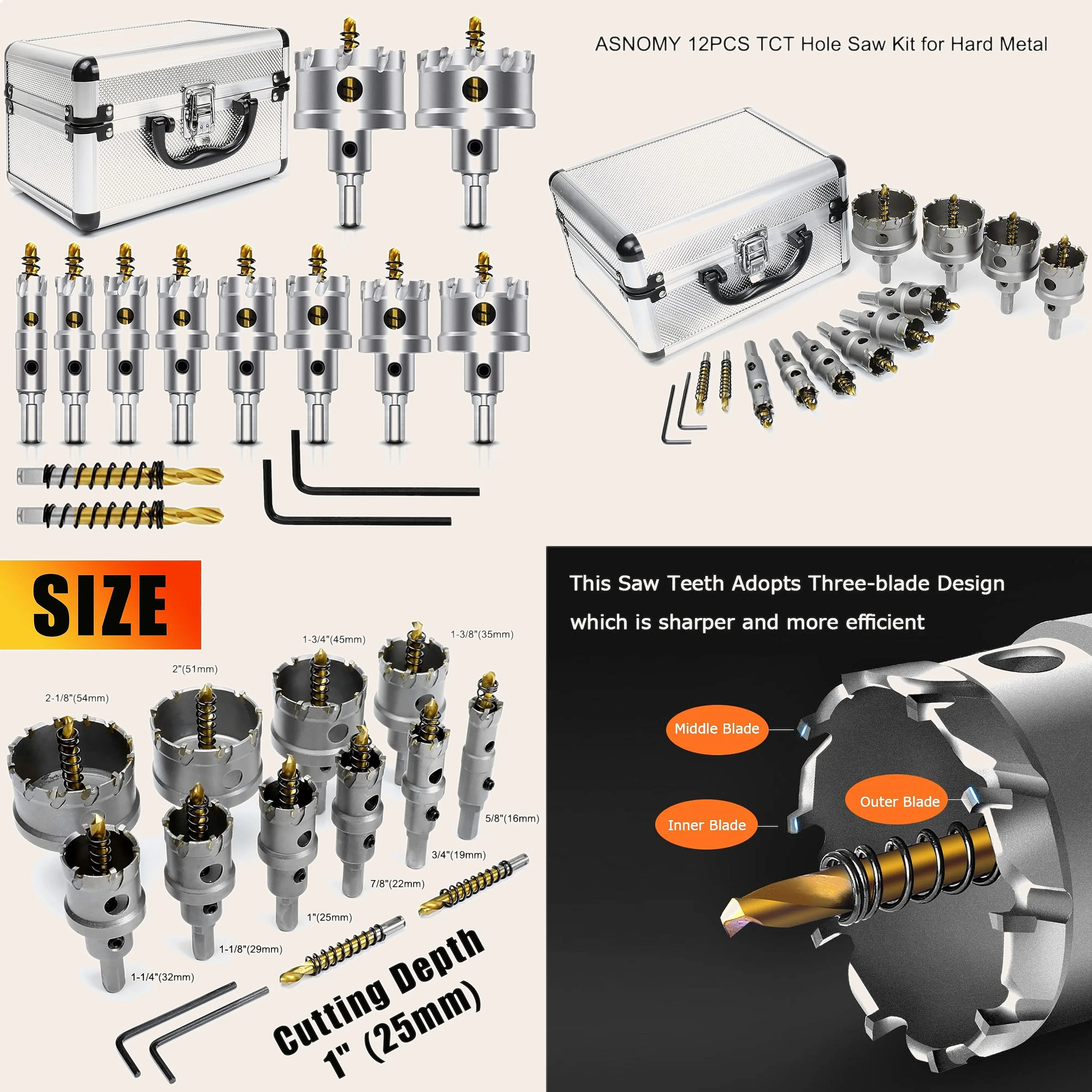 12PCS TCT Hole Saw Kit for Hard Metal, 5/8"-2-1/8" Titanium Carbide Cutter Set