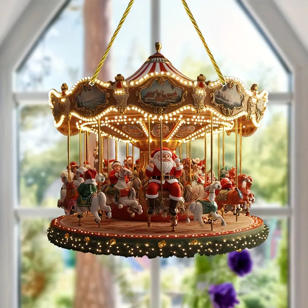 2PC Santa Claus Carousel Christmas Ornaments Acrylic Sun Catcher Pendant Porch Window Decoration Xmas Scene Festive Decoration