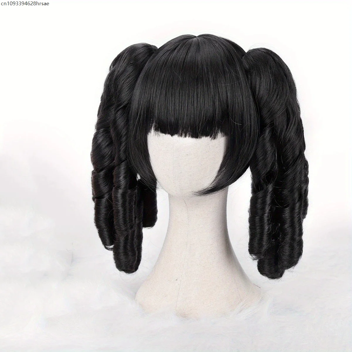 Ladies Gothic Black Double Ponytail Wig Neat Bang Spiral Ringlet Curls Wig Lolita Vampire Cosplay Costume Accessory Prop