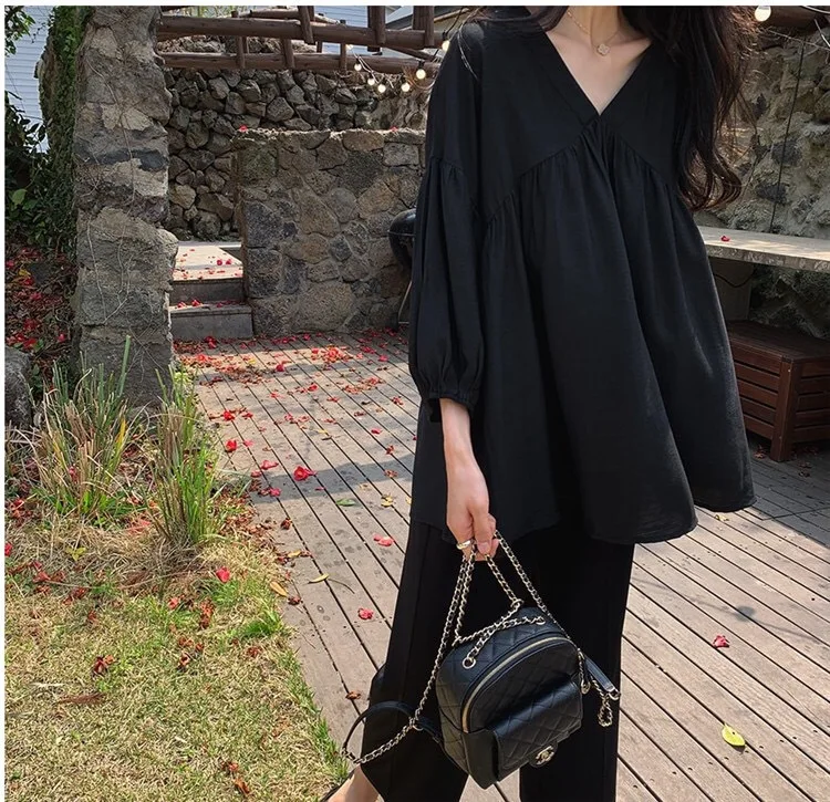 Women V Neck Gathered Bust Blouse Loose Puff 3/4 Lantern Sleeve Shirts Wrinkle Textured Fabric Blouses ﻿ ﻿ view 5