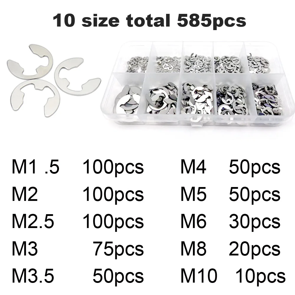 585/1005 個 E クリップスナップサークリップワッシャー詰め合わせキットボックス M1.2-M15 ブラック 65 Mn 304 ステンレス鋼外部止め輪セット