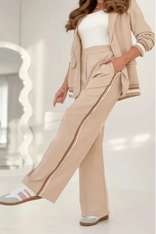 Women Top Pants Turn-down Collar Jacket Two Piece Sets Women Elegant Office Suits High Waist Wide Leg Trousers Tracksuits