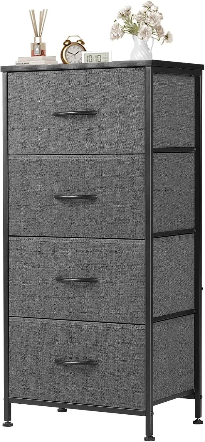 

Nightstand Small Bedroom Dresser with 4 Fabric Drawers Bed Side Furniture End Table Wooden Top Cabinet Night Stand Dresser for C