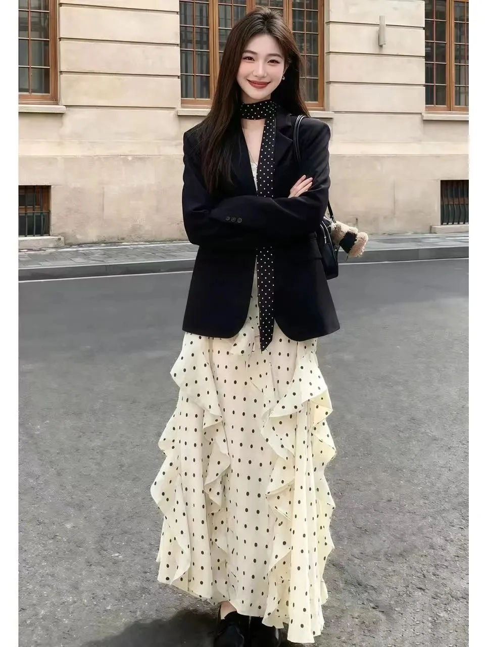 Women's Spring Fashion Set Black Suit Jacket Polka Dot Dress Sash Two-Piece Ensemble Long Sleeve Button-Up Casual Wear