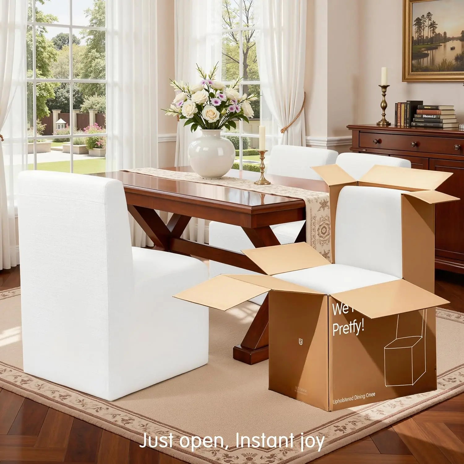 Dining Chair with Casters Set of 4, Upholstered Rolling Linen Chair for Home Desk, Lounge or Living Room, Silent Wheel, No-Assem