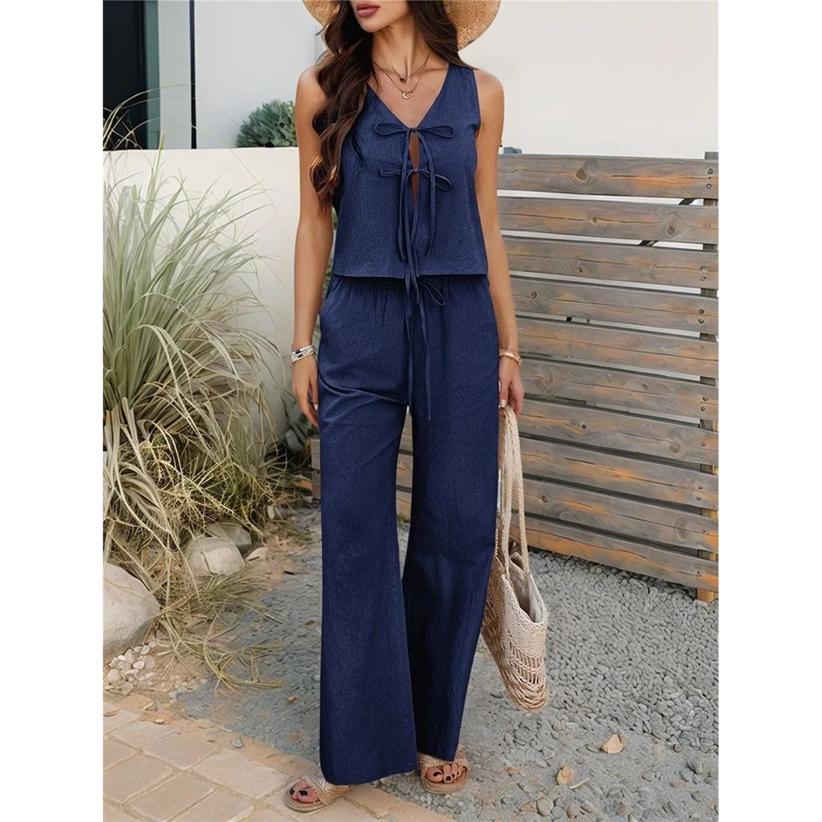 Womens 2 Piece Outfits V Neck Tie Waist Vest and Wide Leg Casual Pants Sets Navy Blue M