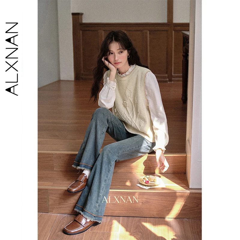 ALXNAN 여성용 청바지 빈티지 하이 웨이스트 우아한 코튼 플레어 청바지 2025 가을 캐주얼 오피스 레이디 롱 팬츠 여성 L57010