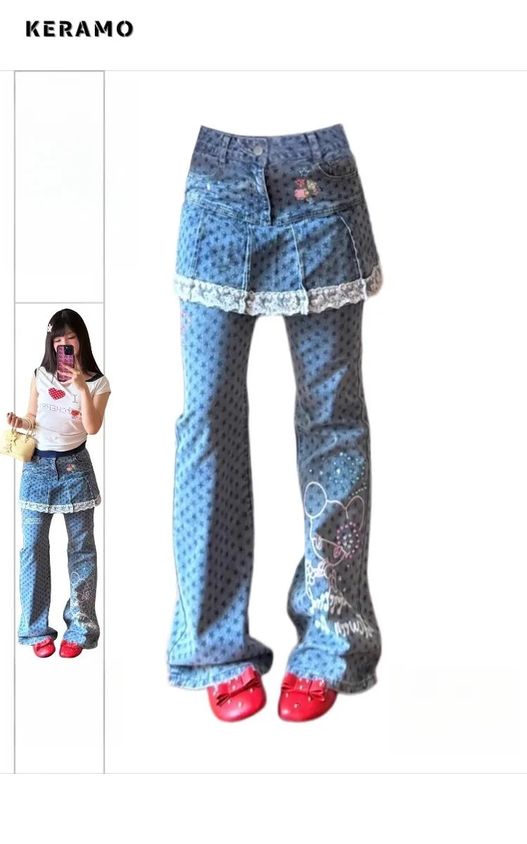 

Женские повседневные мешковатые джинсовые брюки с принтом звезд в стиле эмо, милые кружевные лоскутные свободные джинсы, прямые синие брюки Y2K 2000-х годов, милые стильные брюки