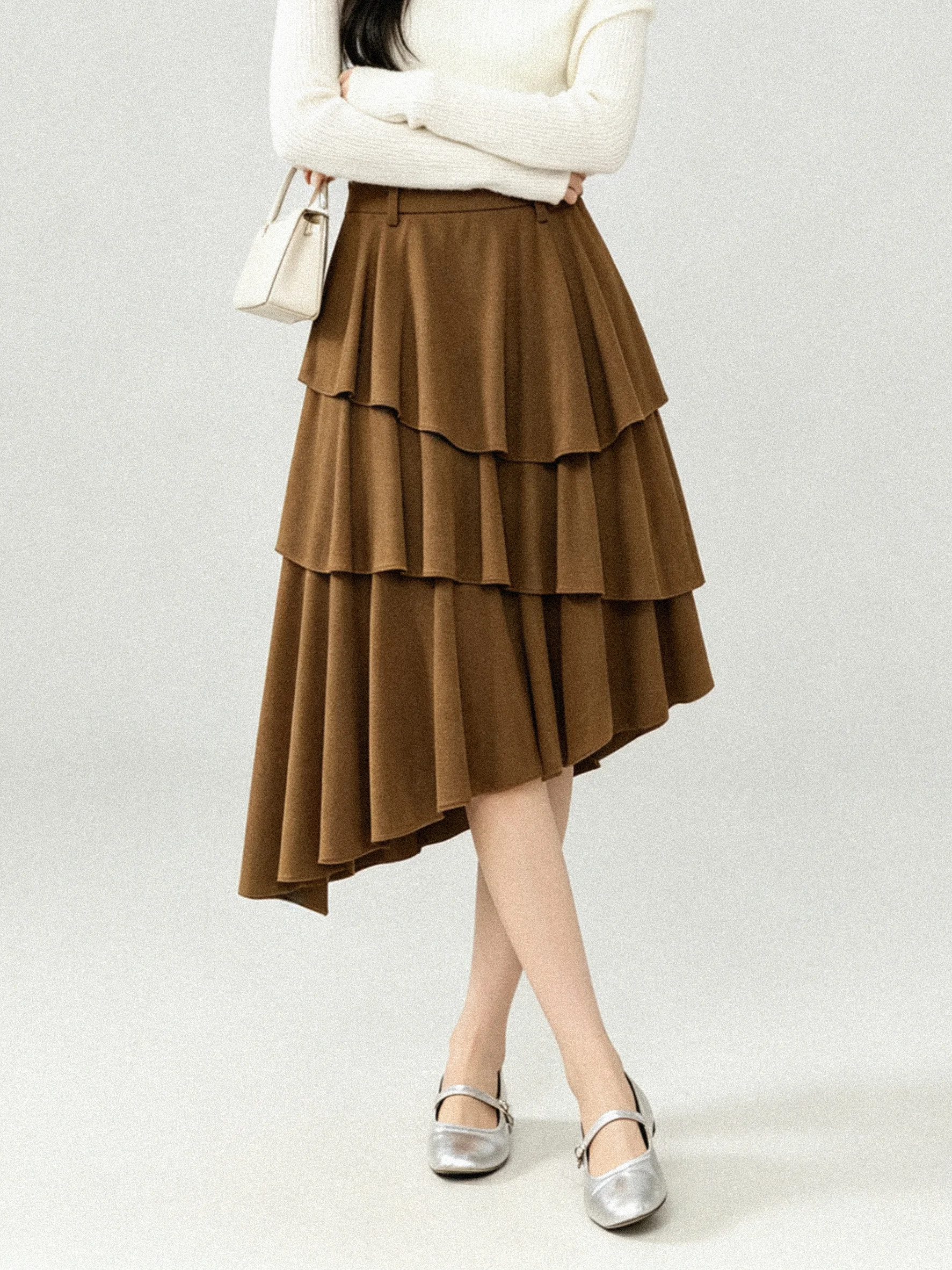 Elegant Asymmetrical Lace Hem Cake Skirt Women's A-Line Slimming Midi Half Skirt Early Autumn Casual High Waist Zipper Style