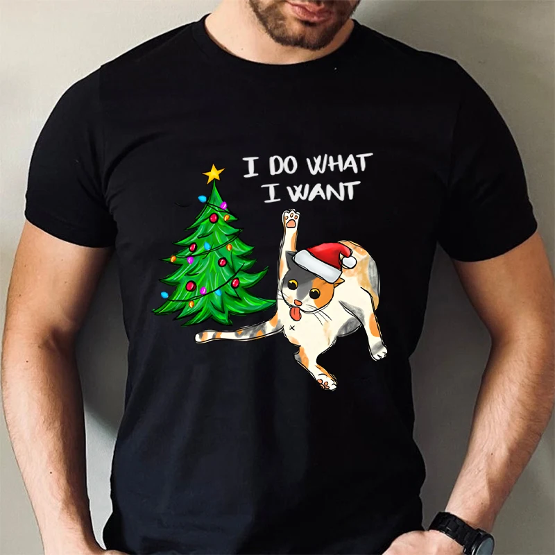 

Funny Black Cat Graphic T-shirt I Do What I What T-Shirts Men Short Sleeve Tees Fashion Christmas Tree Xmas Harajuku Male Tops