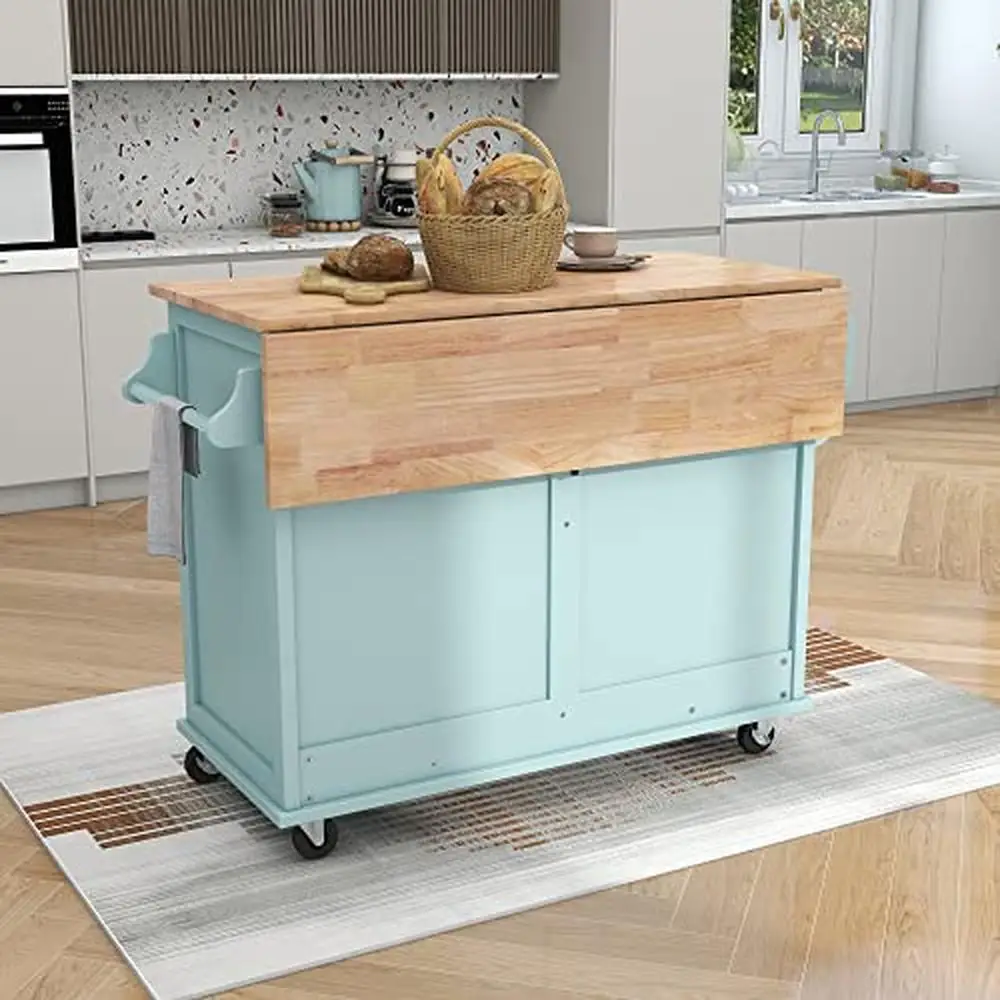 Adjustable Height Kitchen Island with Drop-Leaf Countertop Sliding Barn Door Two Drawers Towel Rack and Spice Rack on Wheels