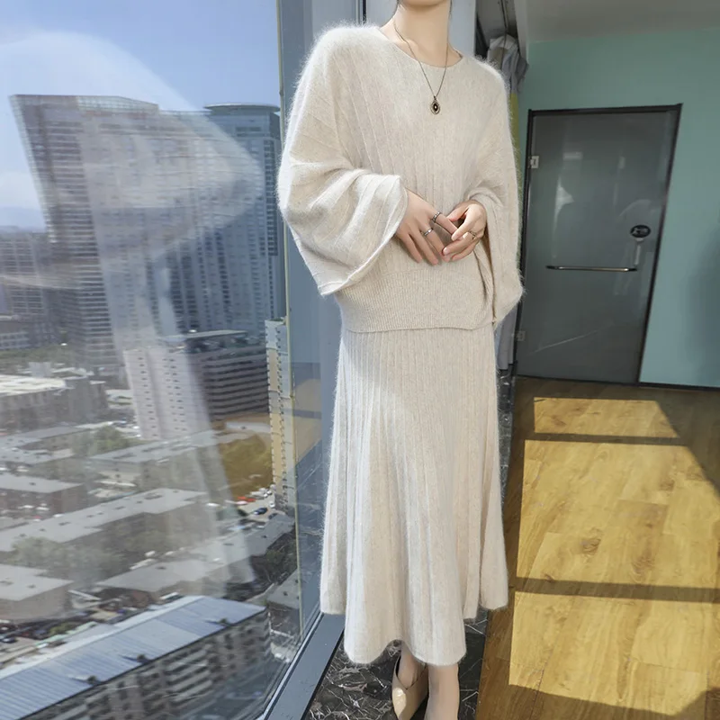 Autumn and winter new women's 100% mink cashmere sweater crewneck jumper fashion striped knit CHIC long dress set