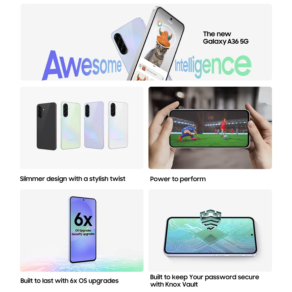 هاتف Samsung Galaxy A36 5G الذكي 128GB 256GB 50MP OIS كاميرا Snapdragon 6 Gen 3 ثماني النواة شاشة Super AMOLED