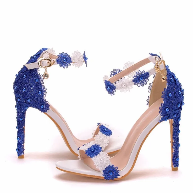 Fashin large size high heels sandals white lace beaded buckle  thin heels fish mouth open toe sandals embossing one-line buckle