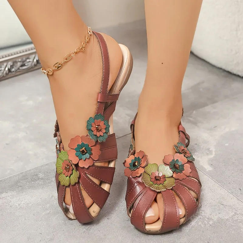 

Summer New Round Toe Sandals Women's Low Heel Baotou Shallow Mouth Flower Ethnic Style Comfortable and Versatile Flat Shoes