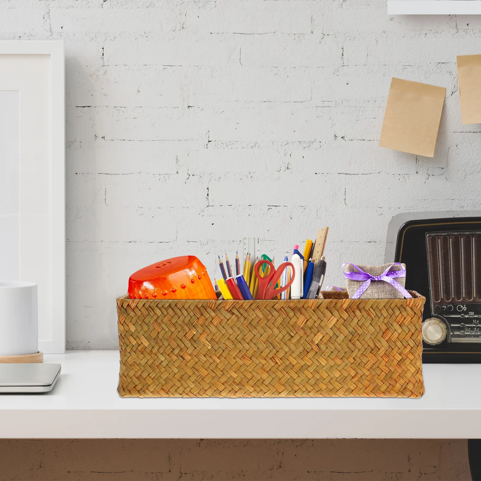 

1Pcs Home Storage Box Sea Grass Woven 3 Compartments Desktop Organizer Sundries Storage Container Multi Functional