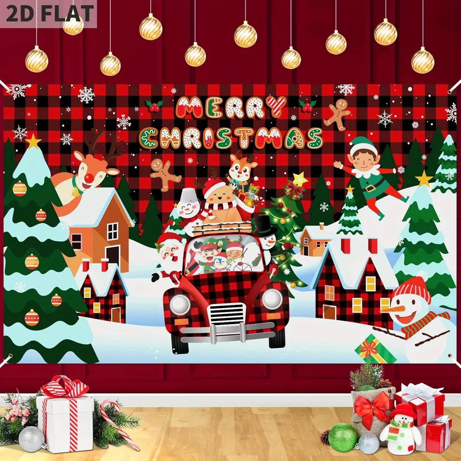 

2D FLAT Plaid Red Truck Christmas Banner Decorations Merry Christmas Backdrop Farm Christmas Tree Photo Booth Props Background