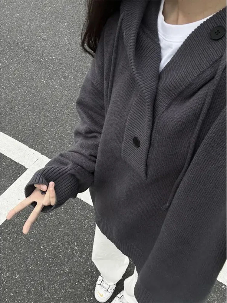 

Deep ey American Retro Oversize Knitted Sweater Men's Autumn Winter f Open Cardigan Casual Sle Long Sve Hoodie