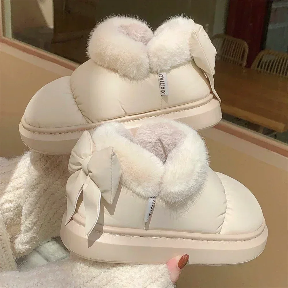 New Women Cute Warm Ankle Boots Ladies Outdoor Non-slip Thick Sole Snow Boot Furry Bow Cotton Shoe Waterproof Plush Boots2024