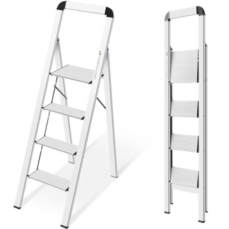 Aluminium 4 Step Ladder Lightweight Step Stool with Non-Slip Pedals Handrail Foldable Step Ladder for Kitchen Garage Home Space