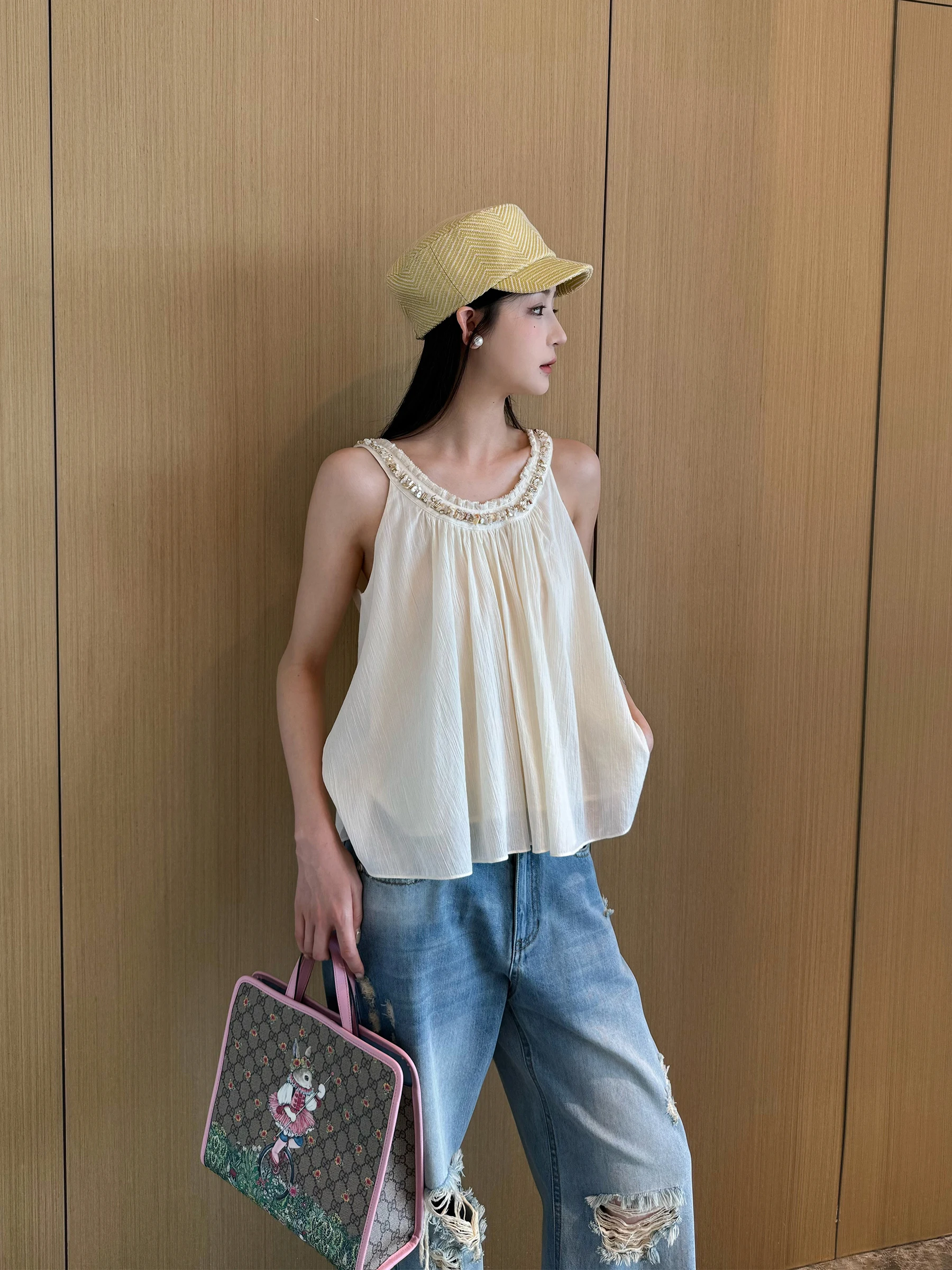 

Жилет NancyCavally из премиального длинноволокнистого хлопка с ручной вышивкой бисером, с U-образными бретелями, богато декорированный, блестящий, в уличном стиле, свободного кроя