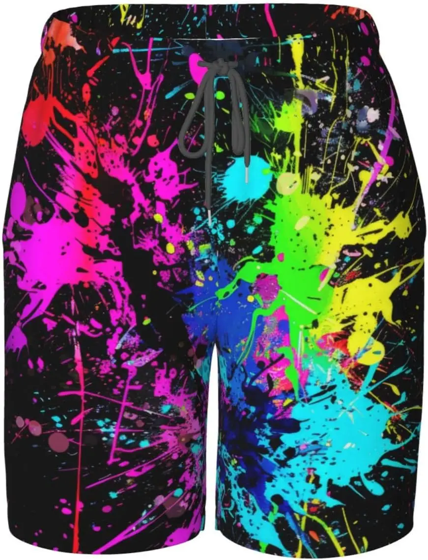 

Неоновые плавки с брызгами чернил для мальчиков-подростков, быстросохнущие шорты, летние пляжные шорты для больших мальчиков, мужские шорты