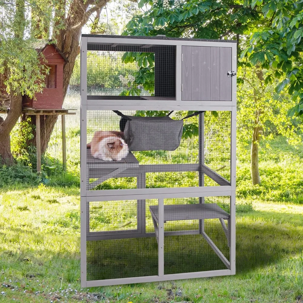 

Wooden Cat House, Outdoor 3 Floors Cat Enclosure, Indoor Large Kitten playpen with Hammock，Resting Box, Cat Cage Waterproof Roof