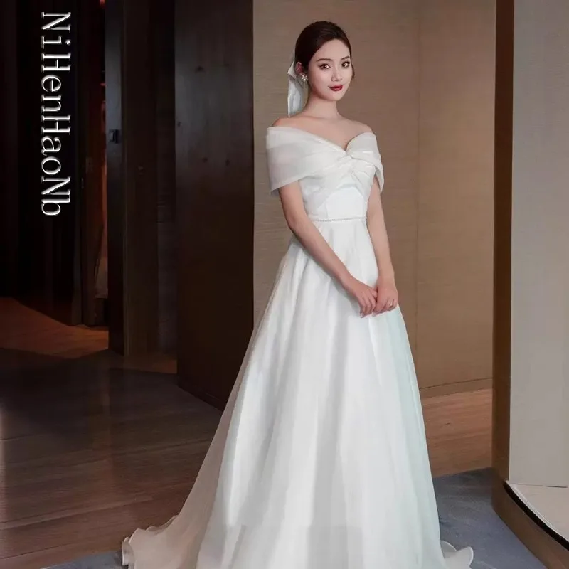 French Light Wedding Dress Bride Super Fairy White Temperament One-word Shoulder Dress Vestidos De Novia