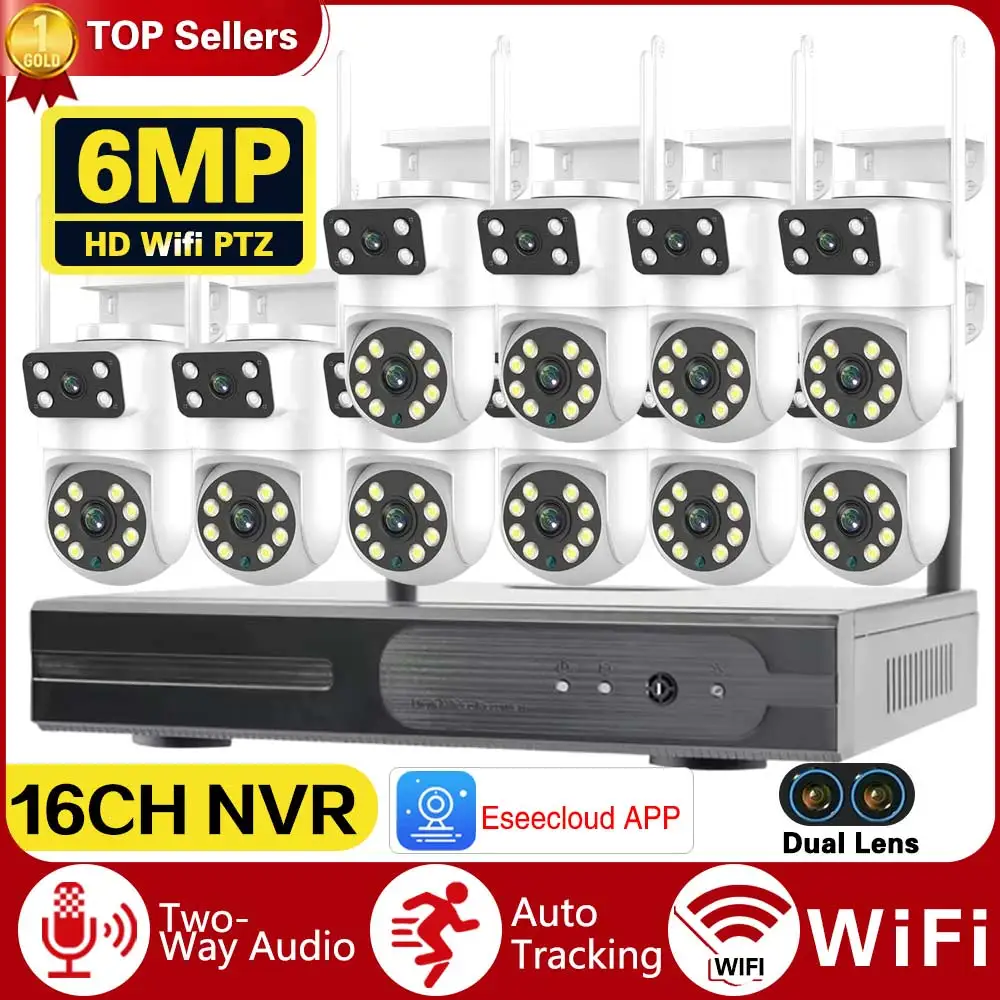 

6MP WiFi Dual Lens Dual Screen Wireless IP Cameras 16CH WiFi NVR Security System Two Way Audio Outdoor Video Surveillance Set