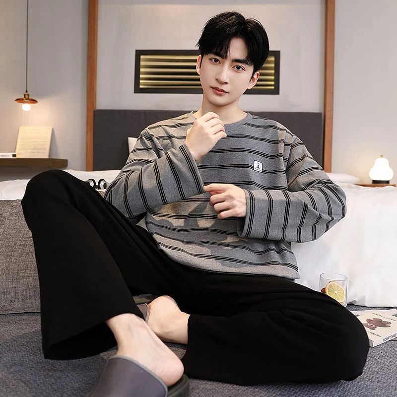 

2025 Autumn Long Sleeve Casual Striped Pajama Sets for Men Korean Loose Sleepwear Pyjama Male Homewear Loungewear Home Clothes