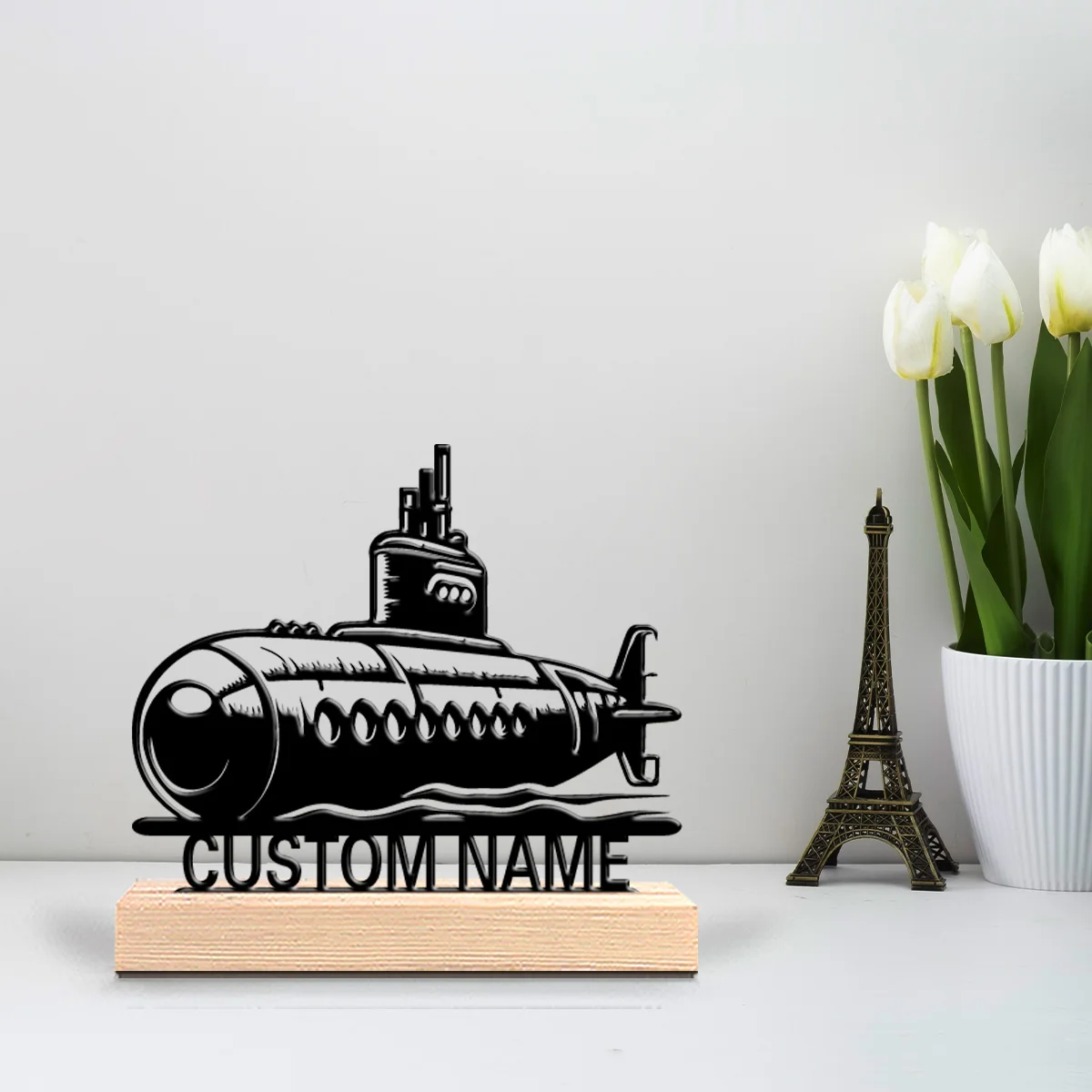 1 pièce Statue en métal personnalisée en forme de sous-marin conventionnel avec base en bois, Ornement en fer pour cadeaux d'amis