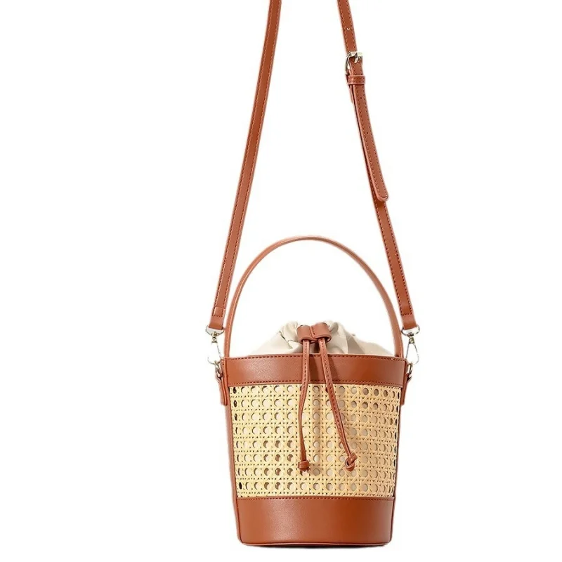 

Rattan Woven Bucket Bag Leather Trim Drawstring Women Summer Beach Crossbody Purse